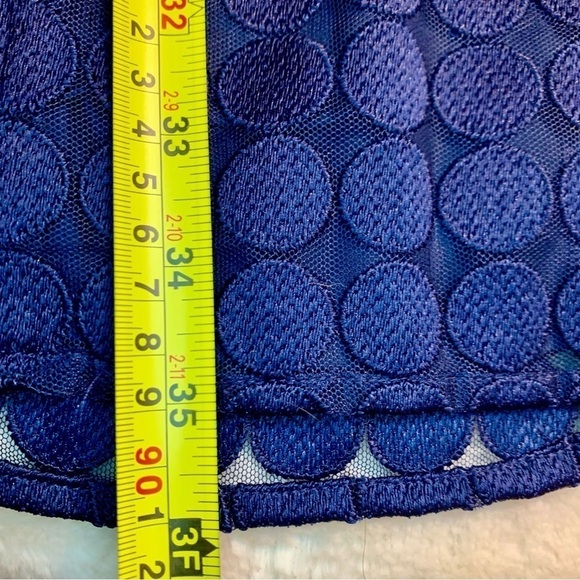 Trina Turk Dress Medium Navy Blue Mini Long Slvs Lace Dots Ruffle Neckline Cuffs - Picture 15 of 16